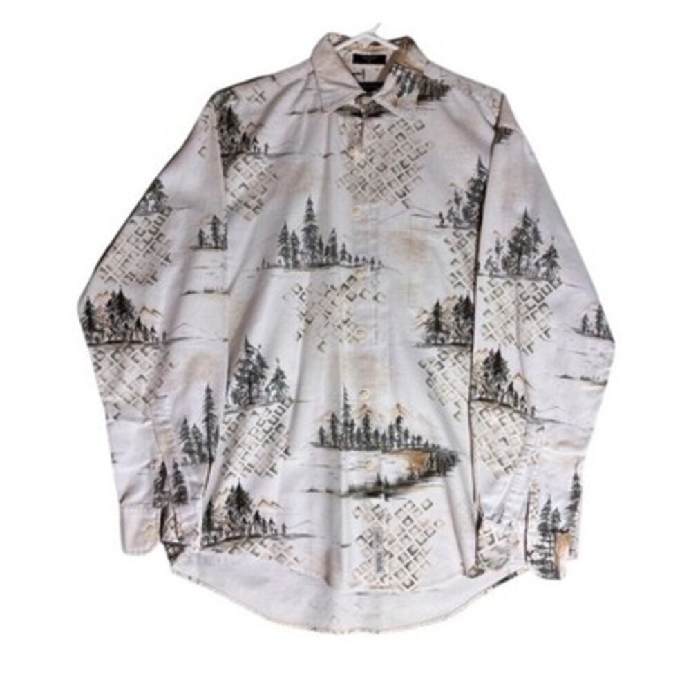 VTG Nautica Button-Up Shirt Mens Size M Ivory Scenic Landscape Graphic Print